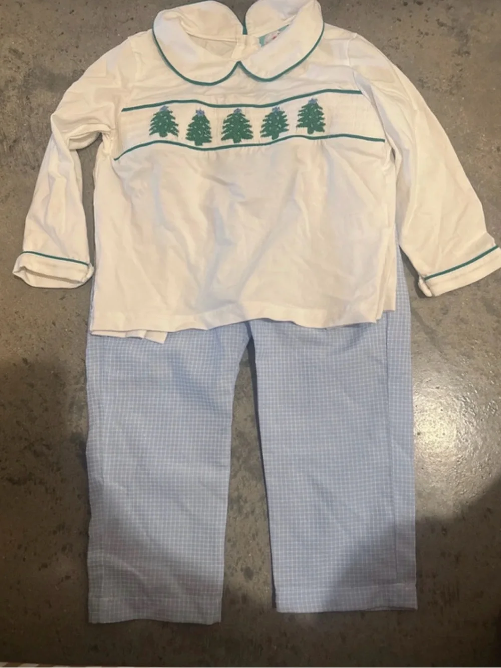 Kids White Top and Light Blue Gingham Pajama Set with Green Tree Trim